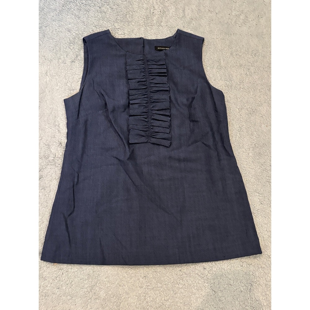 Banana Republic Womens 0 Navy Blue Wool Blend Ruffle Front Sleeveless Blouse